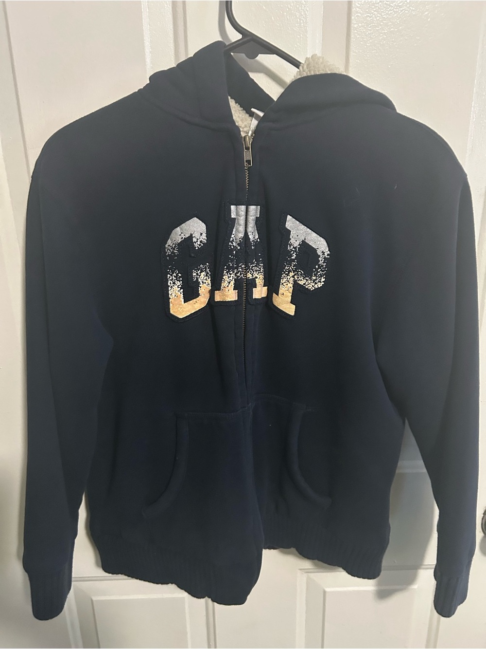 GAP Navy Full-Zip Sherpa-Lined Hoodie with Faded Logo size 10